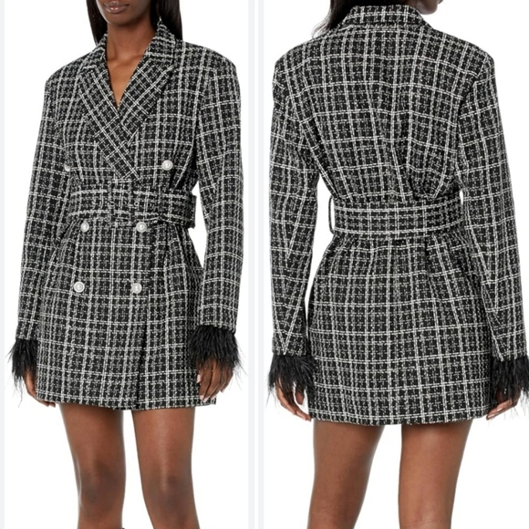 NWT BCBGMaxAzria Tweed Blazer Dress With Feather Sleeves - Picture 3 of 14
